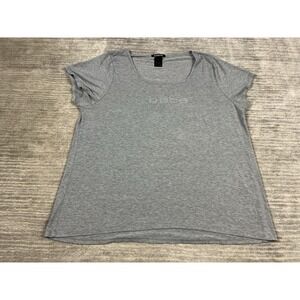 bebe Top Womens 3X Gray Short Sleeve Rhinestone Spell Out Casual